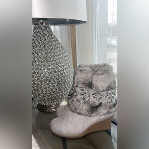 Joan Boyce Gray Fur Wedge Boots